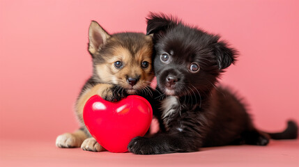 Fototapeta na wymiar Cute little puppy playing with red heart on pink background copy space, valentines day concept