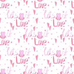 Hand drawn watercolor valentine seamless pattern with hearts and text isolated on white background. Can be used for textile, fabric, wrapping paper and other printed products.