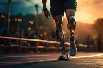 athlete with handicap with prosthetic legs at the stadium