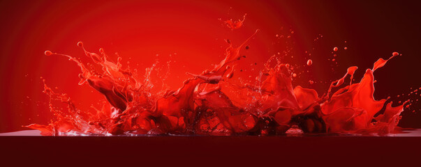 Splash of red liquid on a red background. Horizontal banner