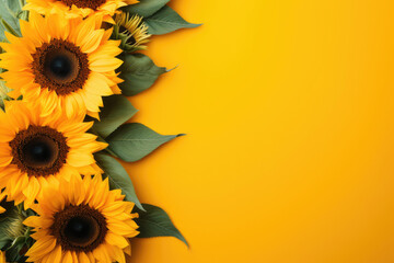 Sunflowers on a yellow background. Flat lay, top view