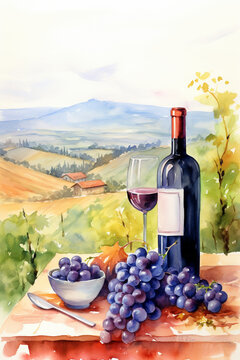 Grapes and Vines: Watercolor Landscape with Red Wine Elements in Illustration