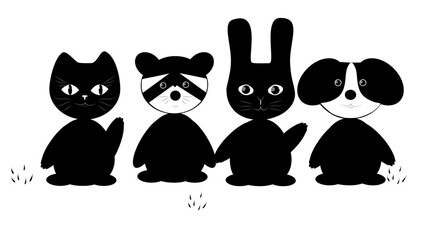 set of cute black and white animals: cat, raccoon, hare, dog. vector graphics