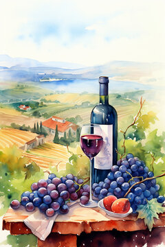 Vineyard Vista: Watercolor Illustration of Blue Grapes, Wine Bottle, and Glass