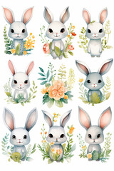 Adorable Bunny in a Floral Wonderland: Childish Clipart with Silver and Green Flora