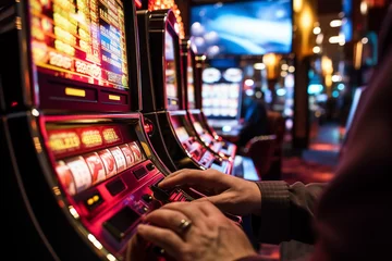Foto op Plexiglas Close-up of a man playing a slot machine in a casino © Konstantinos