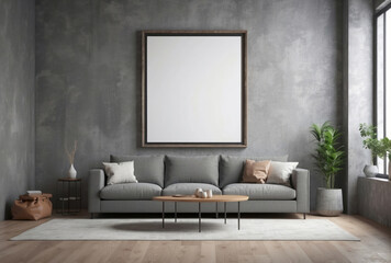 Big poster frame mock up in Loft home interior design of modern living room. Grey fabric sofa against grunge stucco wall.