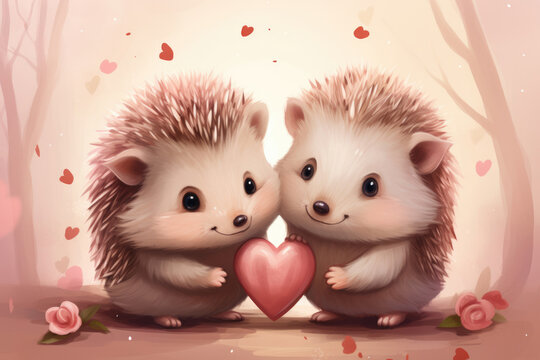 Cute cartoon hedgehogs in love in hearts