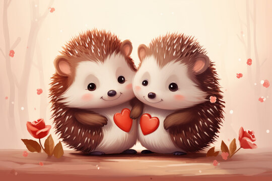 Cute cartoon hedgehogs in love in hearts