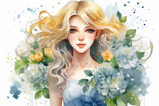 Girl in flowers in watercolor style