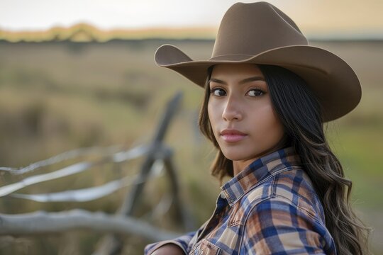 Rustic studio portrait of a young Latina woman in country attire, with a cowboy hat, isolated on a rural farmland background