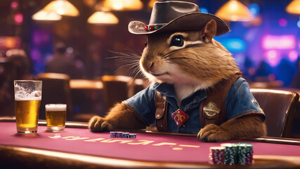poker chipmunk cowboy drinks beer at speckled pink cyber pyramid, glowing, prismatic, pearlescent,...
