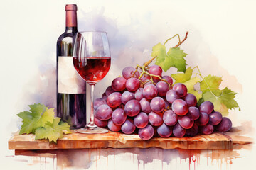 Grapes, bottle and glass of wine in drawing style