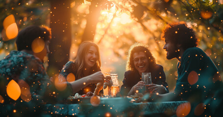 Happy friends having fun outdoors  Young people enjoying harvest time together - Out door dinner concept - obrazy, fototapety, plakaty