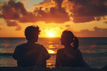 Silhouette of a couple sitting on the beach looking at the beautiful sunset. Ideal for enhancing travel blogs, romantic editorial content or ads that want to evoke the warmth of a shared sunset.