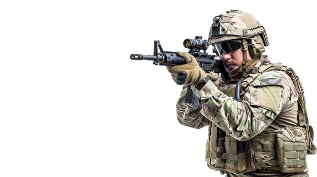 A american military army special force soldier with camouflage helmet and a rifle gun in hands shooting shots isolated on white background.