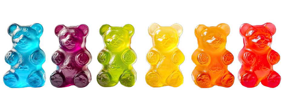 Collection of PNG. Row of sweet gummy bears painted in different colors isolated on transparent background.