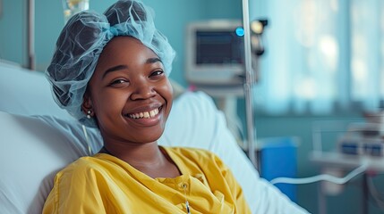 A happy smiling black african american patient in a clinic hospital room on a bed receiving good news. - Powered by Adobe
