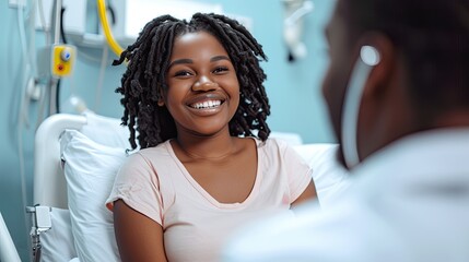 A happy smiling black african american patient in a clinic hospital room on a bed receiving good news.