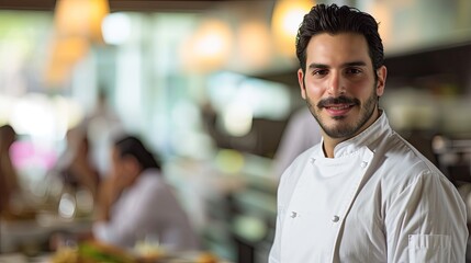 Fototapeta premium A handsome young italian american chef cook with white uniform standing. Blurry food restaurant kitchen in the background.