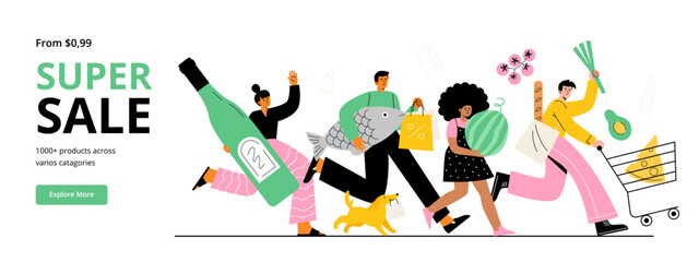 Happy people running with grocery purchases. Big sales and discounts at a supermarket or internet store. Vector flat illustration for web banner, and landing page.