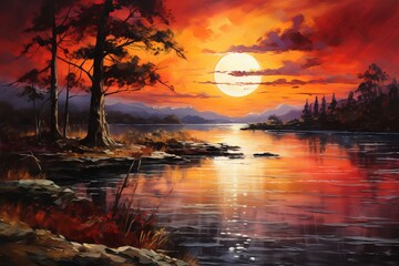 Painting of a peaceful lake scene with a glowing sunset and reflections on the water - obrazy, fototapety, plakaty