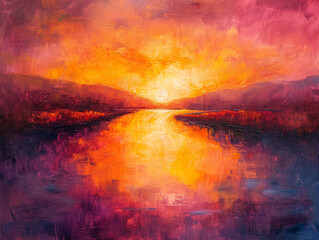 Obraz na płótnie Canvas abstract colorful painting of sunrise over the lake with reflection in water