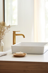 Pure Sophistication: Wooden Vanity with White Ceramic Vessel Sink and Brass Faucet Close-Up