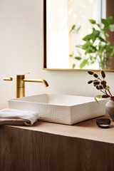 Pure Sophistication: Wooden Vanity with White Ceramic Vessel Sink and Brass Faucet Close-Up