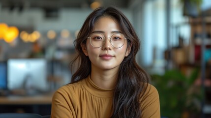 Portrait d'une femme coréenne avec des lunettes et pull ocre. Portrait of a Korean woman with glasses and ocher sweater. - obrazy, fototapety, plakaty
