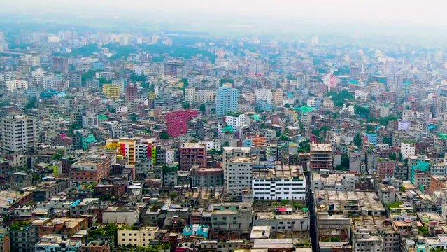 Aerial view of colorful city buildings of developing country. Dhaka, Bangladesh. A third world asian country