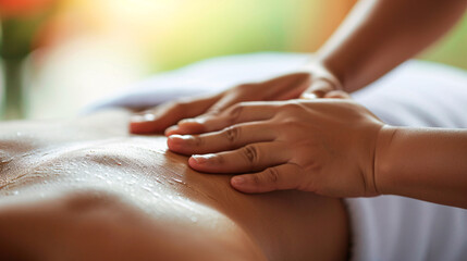 Close up of young woman receiving back massage in spa salon. Focus on hands