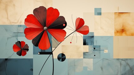 Abstract Flowers, Butterfly in Bauhaus, Neo Memphis, Dadaism, Cubism, Surrealism, Collage, Minimal style. Decoration art background. Abstract geometric illustration background. Templates for designs.