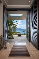 Ocean Breeze Entryway: Louvered Door, Stone Tiled Floor, and Sea Horizon in Modern Coastal Design