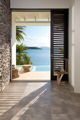 Seaside Welcome: Coastal Interior Design with Louvered Door and Sea View in Modern Entrance Hall