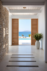 Seaside Welcome: Coastal Interior Design with Louvered Door and Sea View in Modern Entrance Hall