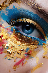 Creative Elegance: Close-Up of Female Eye Adorned with Dried Paint Particles in Multicolored Makeup