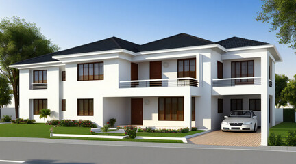 Obraz premium Modern two-story white house with balcony and garage