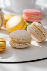 Sweet and colourful french macaroons or macaron on a light background