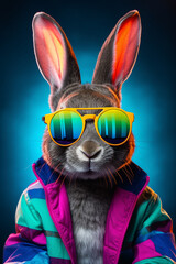 Tiny DJ Sensation: Young Rabbit Rocking Sunglasses in Neon Light, Feeling the Music