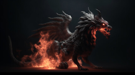 Fictional mythical evil creature firebreathing chimera surrounded by fire with black background - obrazy, fototapety, plakaty