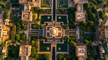 Aerial view of a large opulent palace with intricate gardens and water features.