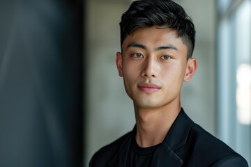 Studio portrait of a young Asian male model with a sleek, modern office backdrop
