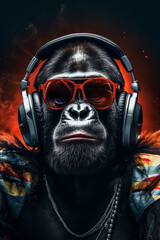 Beats by Gorilla: Cool Young DJ Ape with Headphones and Sunglasses Grooving to Music