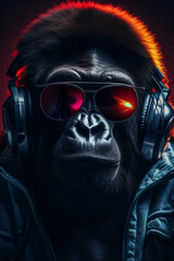 Beats by Gorilla: Cool Young DJ Ape with Headphones and Sunglasses Grooving to Music