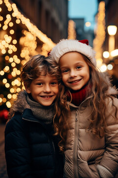 Christmas Cheer: Happy Brother and Sister Playing in the Illuminated Xmas City