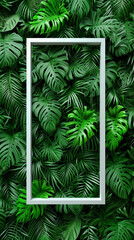 3d illustration of monstera and fern background with vertical rectangle frame or border. Lush foliage backdrop for advertisement banner. - obrazy, fototapety, plakaty