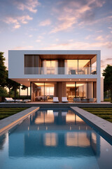 Fototapeta premium Contemporary Oasis: Sunset Glow on the Exterior of a Modern Cubic Villa with Pool