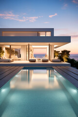 Fototapeta na wymiar Contemporary Oasis: Sunset Glow on the Exterior of a Modern Cubic Villa with Pool