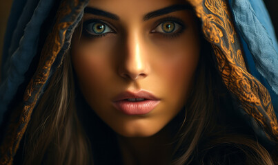 Mysterious Gaze: Intense-Eyed Woman in Ornate Blue Scarf Emerges from the Shadows with a Captivating Look